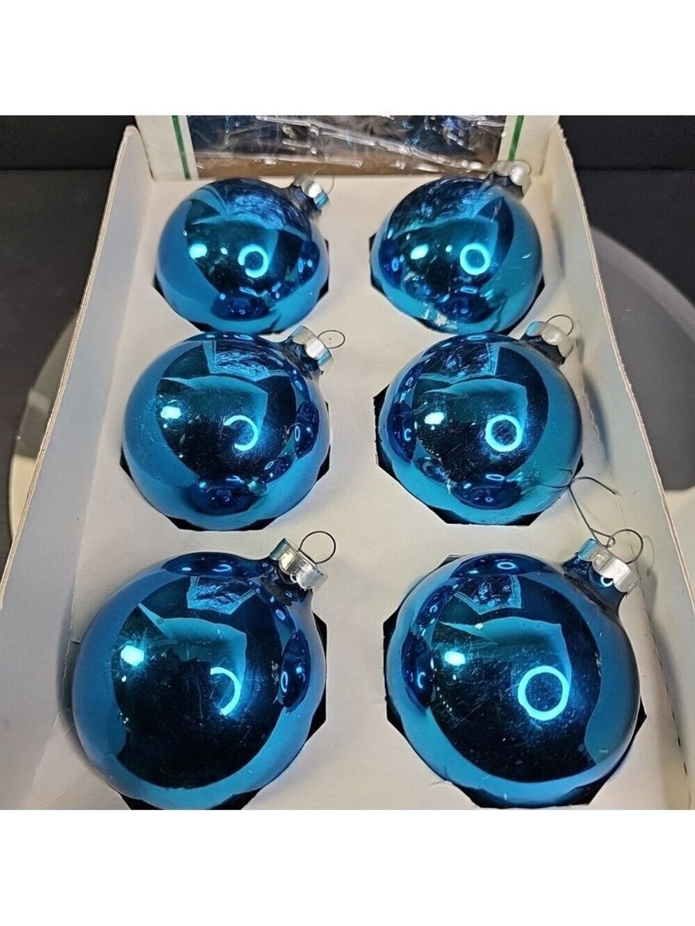 Vintage Christmas Ball Ornaments Baubles Set Of 6 With Box Made In USA Blue